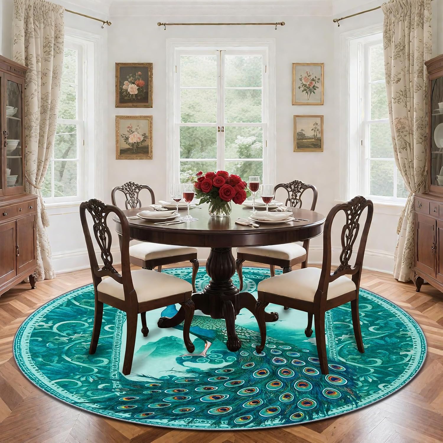 Luxury Round Peacock Area Rug  - Home Bathroom Door Design ulasan dan harga