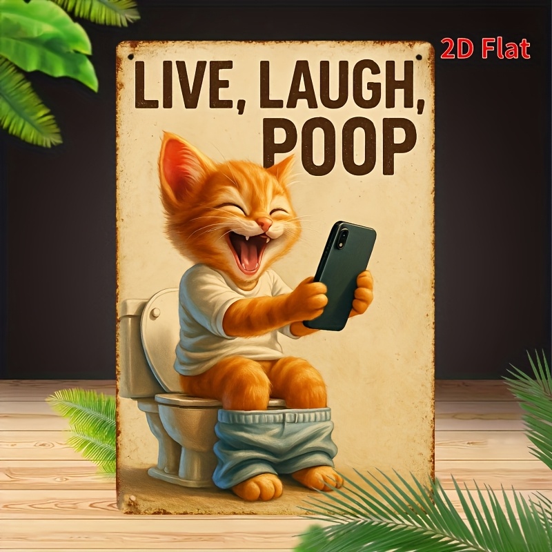 Funny Cat on Toilet Metal Wall - Home Bathroom Toilet ulasan dan harga